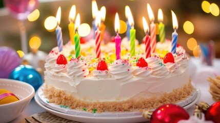 Wall Mural - Celebratory Birthday Cake with Candles and Festive Decorations