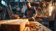 An artisan woodworker in his workshop, focused on crafting with traditional tools, embodies craftsmanship, skill, and the art of woodworking, perfect for content about handwork, artisanship