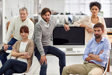 Poster - Modern office, diversity and business people in portrait by computer, confident and technology on table. Web designer, staff and face for collaboration or support and creative in company in workplace