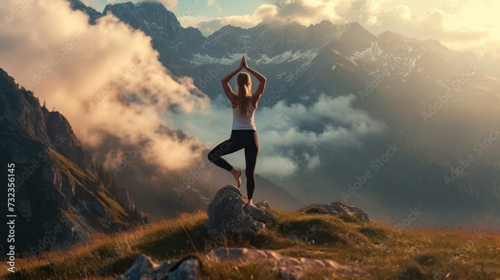 Foto de Stock a woman stands with her back in a tree yoga pose on a ...