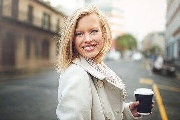 Poster - Happy, city and portrait of woman with coffee for morning commute, walking and journey in street. Travel, fashion and face of person with beverage, drink and cappuccino for adventure in urban town