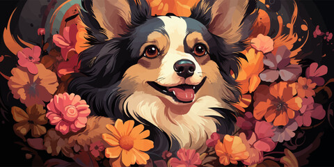 Wall Mural - Cute long-haired chihuahua girl wearing a flower wreath. Portrait of a small dog.vector flat bright colors