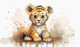 Fototapeta Dziecięca - Watercolor illustration tiger cub lion cub stains splashes, children's cute cartoon room decor, photo wallpaper, print, poster, wall painting