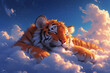 stail cartoon tiger sleeping in the clouds
