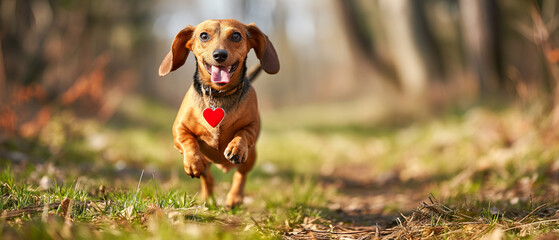 Wall Mural - A cute dachshund dog running on the green grass in a sunny path in a forest in the afternoon sunset with a heart-shaped pendant around its neck. Daytime outdoor shot in the woods.