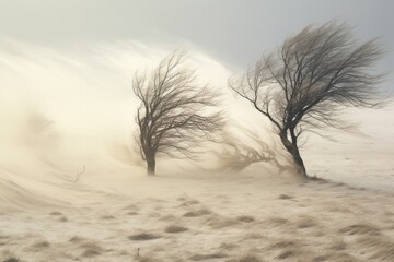  winter landscape with trees bowing in the wind. 