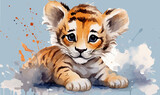 Fototapeta Dziecięca - Watercolor illustration tiger cub lion cub stains splashes, children's cute cartoon room decor, photo wallpaper, print, poster, wall painting