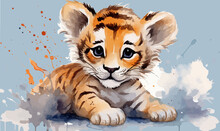 Watercolor Illustration Tiger Cub Lion Cub Stains Splashes, Children's Cute Cartoon Room Decor, Photo Wallpaper, Print, Poster, Wall Painting