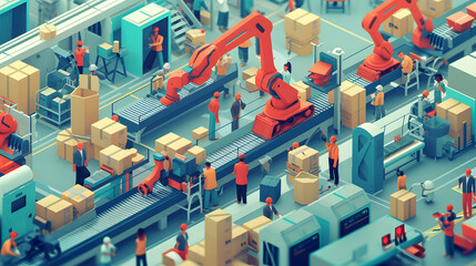 a busy factory with workers and robots working together to assemble boxes.