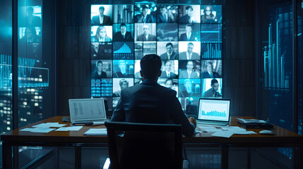 Poster - A man sits online meeting at a desk in front of a large screen displaying.