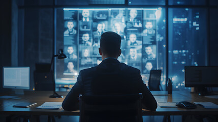 Poster - A man sits online meeting at a desk in front of a large screen displaying.