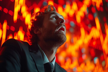 Poster - Businessman in room with holographic financial graphs