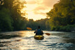 © MyPixelArtStudios - Person kayaking down a serene river at sunset, surrounded by lush greenery.