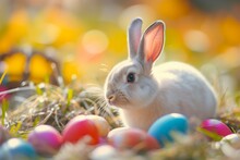 Happy Easter Eggs Basket Shading. Bunny In Flower Easter Seeds Decoration Garden. Cute Hare 3d Botany Easter Rabbit Spring Illustration. Holy Week Clear Margin Card Wallpaper Feast