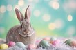 Happy Easter Eggs Basket zinnias. Bunny in flower easter soil decoration Garden. Cute hare 3d Copy space easter rabbit spring illustration. Holy week Blessing card wallpaper quaint