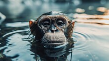 A Curious Primate Donning Spectacles Gazes Intently At Its Watery Reflection, Contemplating The Endless Depths Of Its Animalistic Nature