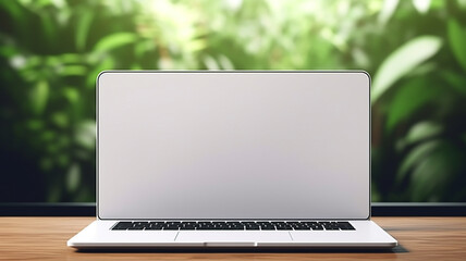Laptop with blank screen on desk at office at sunrise