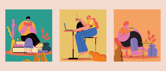 Men and women cartoon work using laptop, reading books vector illustration. Design related to business, workplace, modern online work from home concept.