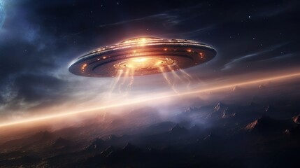 Wall Mural - ufo spaceship lands on an unknown wild planet to conduct experiments and enslave the planet. the ali