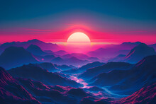 A Mesmerising Sunrise Over A Silhouetted Mountainous Horizon, Illuminated With Vibrant Chiaroscuro Neon Style Highlights