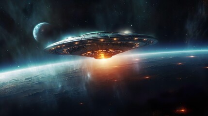 Wall Mural - ufo spaceship in the beautiful outer space with nebula. aliens conducts scientific expedition missio