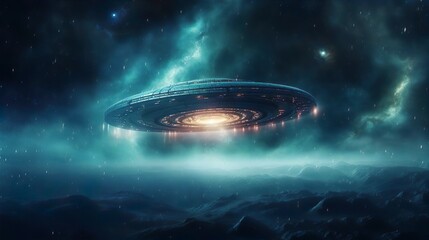 Wall Mural - ufo spaceship lands on an unknown wild planet to conduct experiments and enslave the planet. the ali