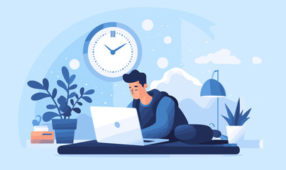 Wall Mural - man sitting at a laptop working with a clock in the background vector illustration