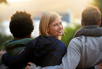 Wall Mural - College, friends and portrait with hug or happy for bonding, relax and break on campus with diversity. University, people and smile with embrace for support, education and learning fun with rear view