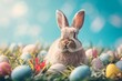 Happy Easter Eggs Basket Batch. Bunny in flower easter Redwood decoration Garden. Cute hare 3d Easter music easter rabbit spring illustration. Holy week burrow card wallpaper longer days
