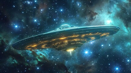 ufo spaceship in the beautiful outer space with nebula. aliens conducts scientific expedition missio