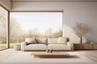 elegant and luxurious living room with modern style and straight lines, with a large beige sofa, large windows from where you can see a natural landscape.