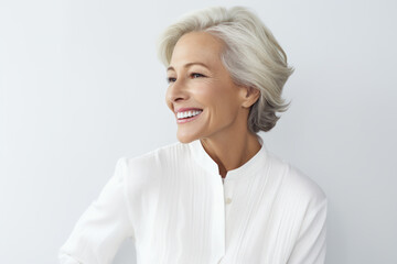 Wall Mural - Confident senior woman smiling against white backdrop. Ageing gracefully.