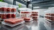 lab-grown meat samples, packaged and market-ready, created in modern laboratories 
