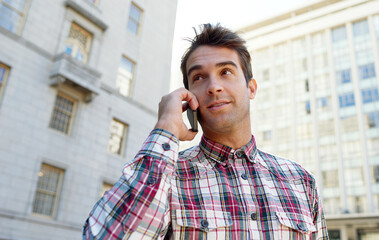 Poster - Outdoor, phone call and man with sunshine, connection and communication with digital app or Italy. Person, city or conversation with cellphone or mobile user with discussion or contact with buildings