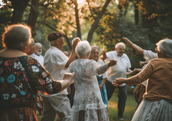 Poster - The elderly are happily participating in outdoor activities, enjoying their retirement time