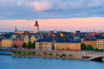Wall Mural - stockholm, sweden. panoramic view of the gamla stan. the capital of sweden. cityscape during sunset.