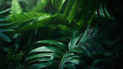 Wall Mural - Monstera leaves and tropical nature abstract background. Generative ai.