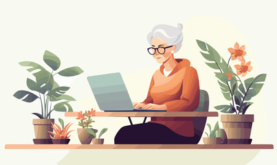 grandmother at laptop working vector illustration