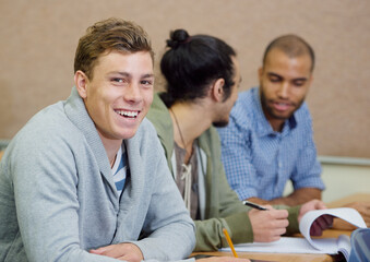 Sticker - Student, university and man in classroom portrait, information and notes for studying. People, books and knowledge in education for learning, problem solving and ideas for solution in assessment