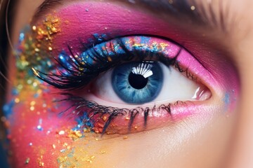 Poster - A close-up view of a person's eye with sparkling glitter. This image can be used for various creative projects and makeup tutorials