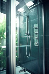 Wall Mural - A picture of a shower with a glass door and a shower head. This image can be used to showcase modern bathroom designs or for articles about bathroom renovations