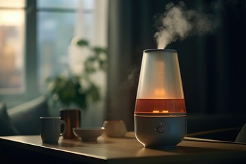 Poster - A humidifier sitting on top of a table next to a cup of coffee. Ideal for home or office use