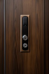 Poster - A detailed close-up view of a door handle on a wooden door. Perfect for illustrating concepts related to home security or interior design.