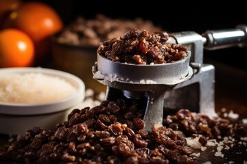 Poster - A close up shot of a bowl of raisins next to a bowl of rice. Perfect for illustrating healthy eating or a balanced diet