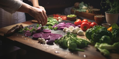 Wall Mural - A person is seen cutting vegetables on a cutting board. This image can be used for cooking and food preparation-related content
