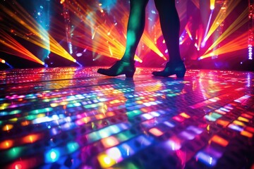 Poster - A person standing on a dance floor with vibrant, colorful lights. This image can be used to capture the energy and excitement of a party or nightclub scene