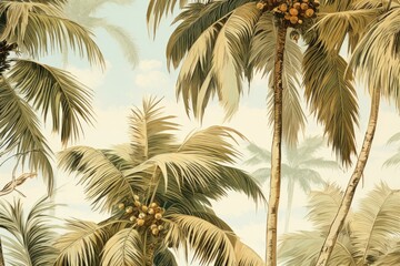 Poster - A painting featuring palm trees and birds on a sunny day. This picture can be used to add a tropical vibe to various designs and projects