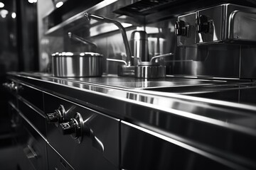 Poster - A black and white photo showcasing a kitchen. This versatile image can be used for various design projects
