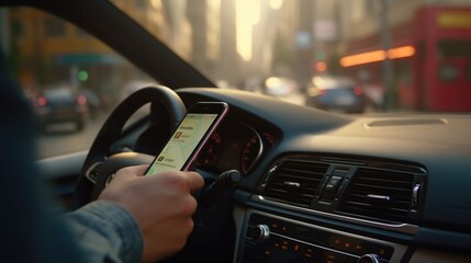 Poster - A person is seen using a cell phone while driving a car. This image can be used to highlight the dangers of distracted driving