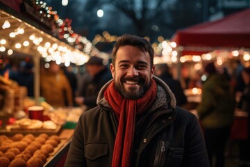 Poster - A man standing in front of a display of food. Perfect for food advertising and culinary promotions